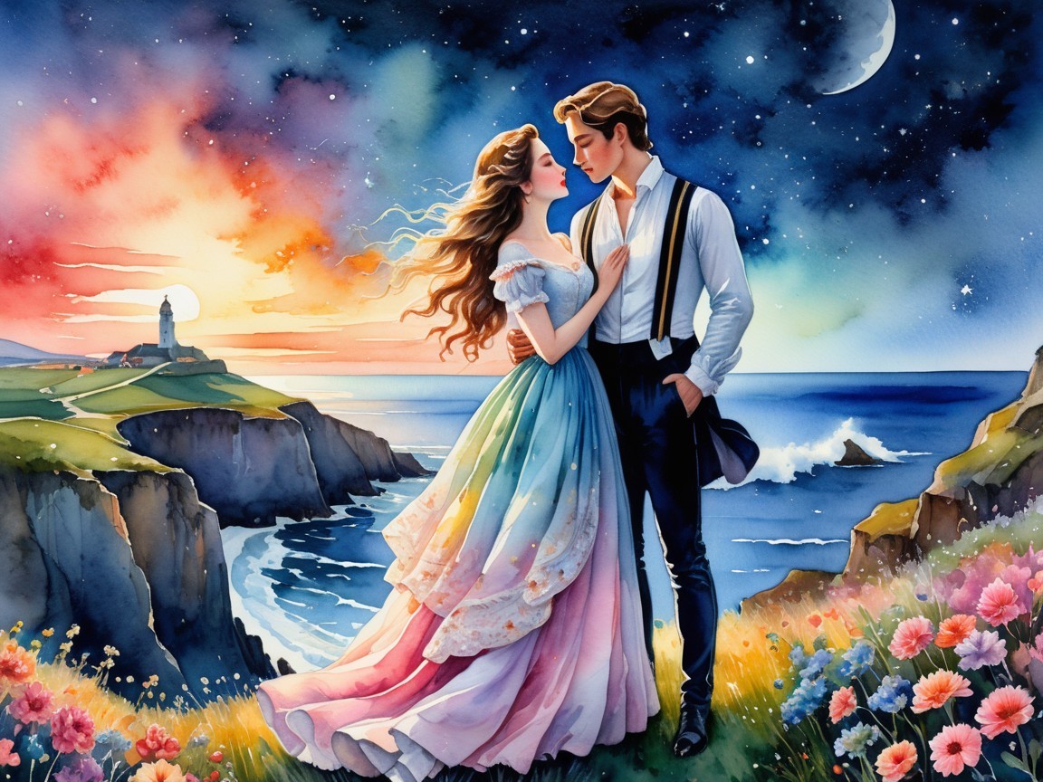 Couple Embracing on Cliff at Vibrant Sunset