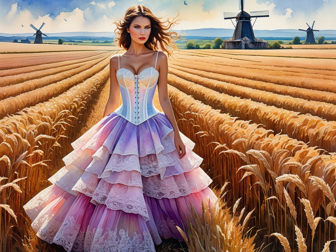 Elegant gown in wheat field with windmills backdrop