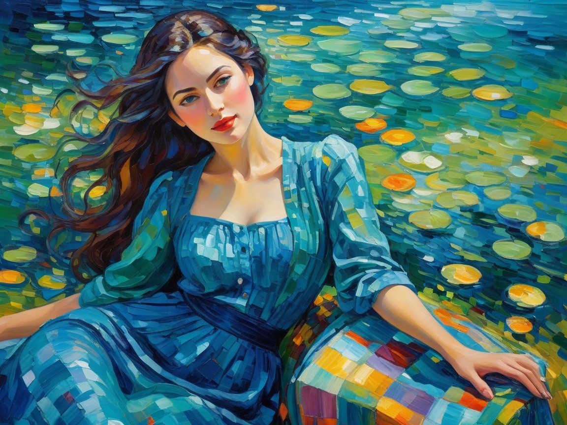Young Woman in Blue Dress by Serene Water Scene