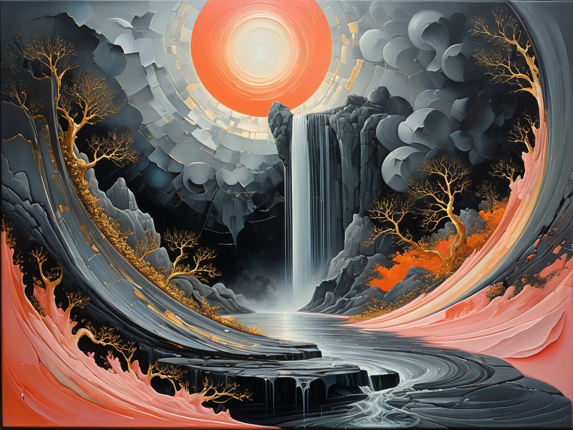 Radiant Sunset Over Waterfall and Serene River Landscape
