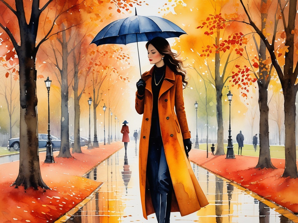 Woman in orange coat walks through autumn scenery