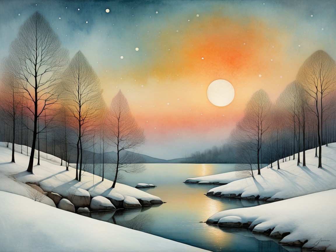 Winter Landscape Watercolor with Sunset and Water Reflection
