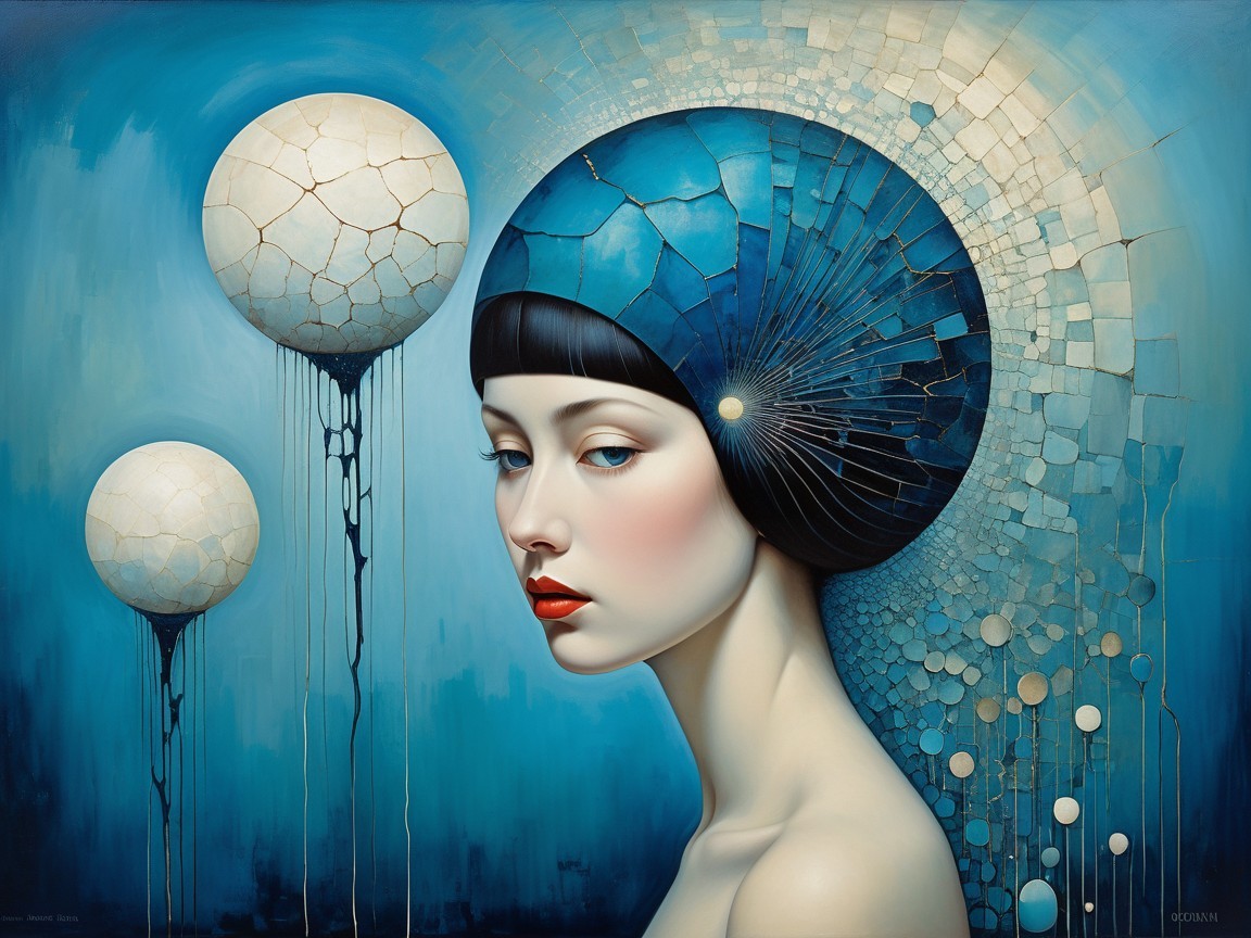 Female Figure with Blue Headdress and Cracked Orbs