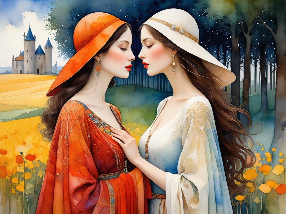 Elegant Women in Vibrant Garments Against Scenic Backdrop