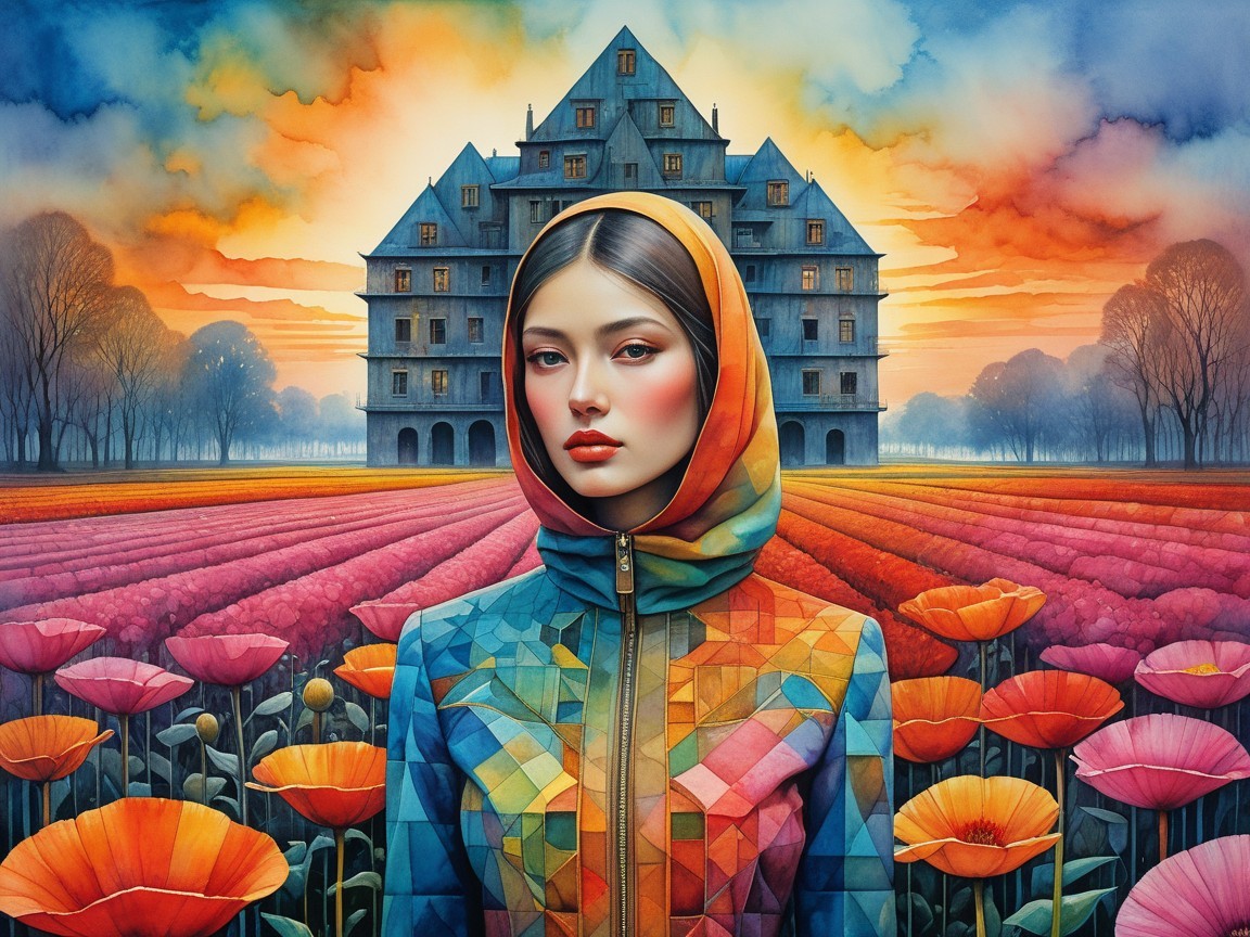 Young Woman in Colorful Mansion with Poppy Fields