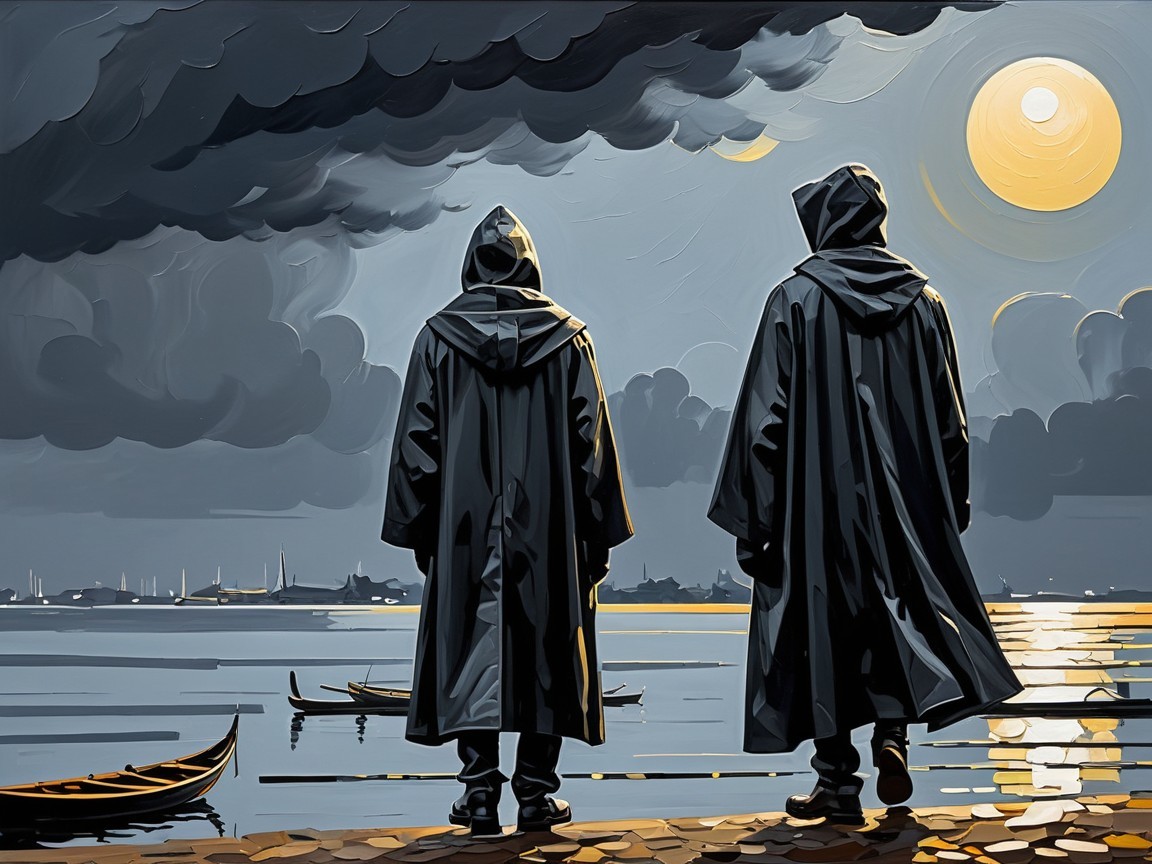 Figures in Cloaks on Shoreline Under Full Moon
