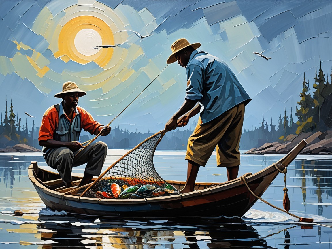 Fishermen in a boat pulling a net of colorful fish