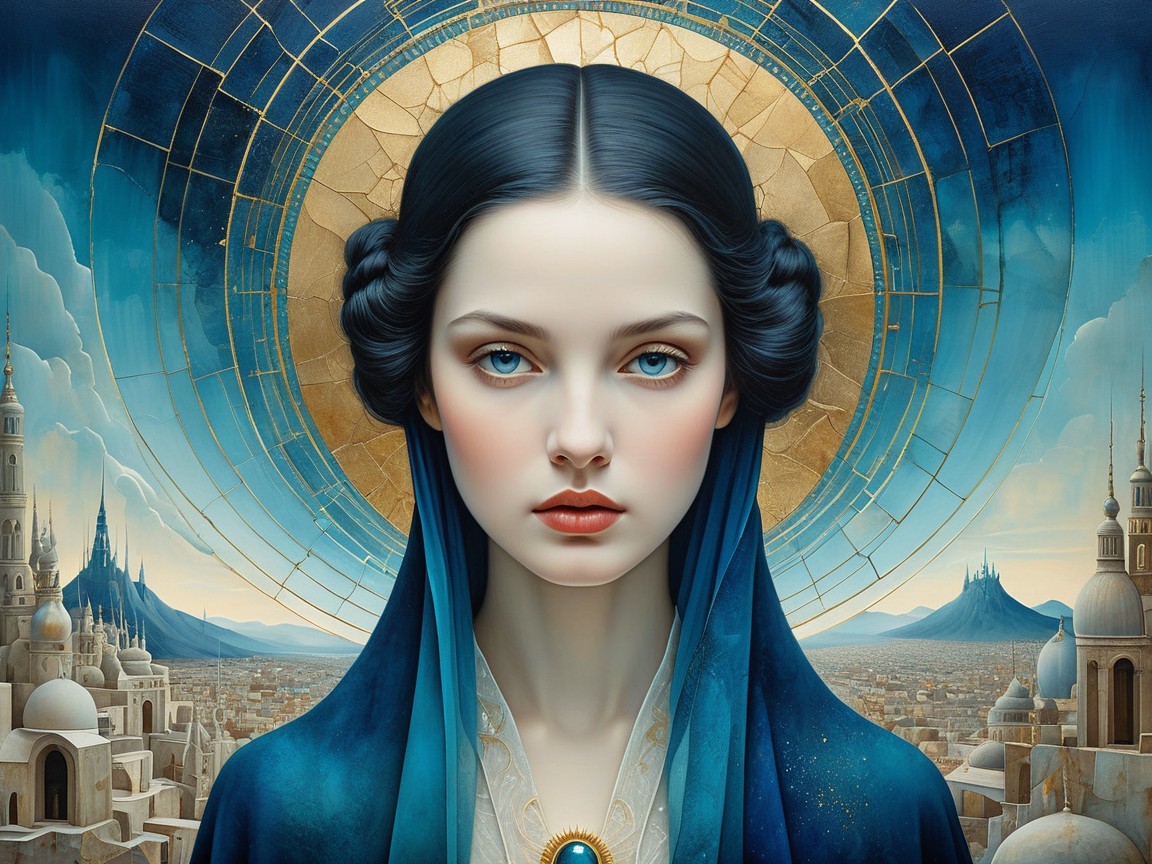 Serene Woman with Blue Eyes in Mystical Landscape