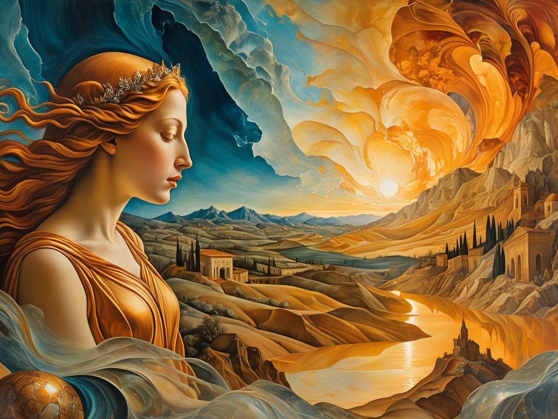 Ethereal Woman at Sunset Over Mountains and River