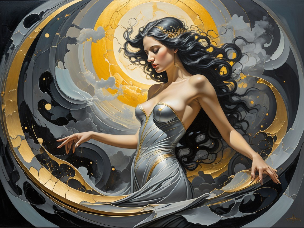 Ethereal Woman in Silver Gown Against Golden Backdrop