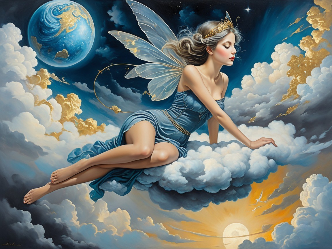 Serene fairy on cloud with sunset and planets