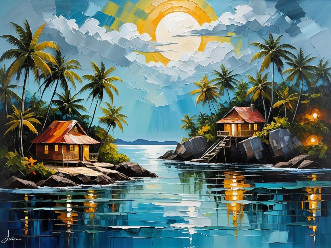 Tropical Landscape with Wooden Houses and Sunset Bay