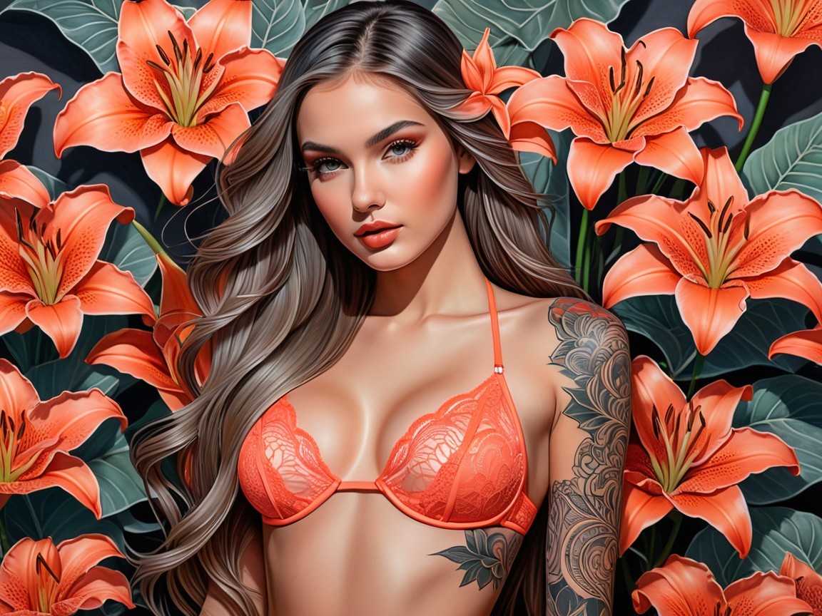 Woman with Orange Flower and Vibrant Floral Background