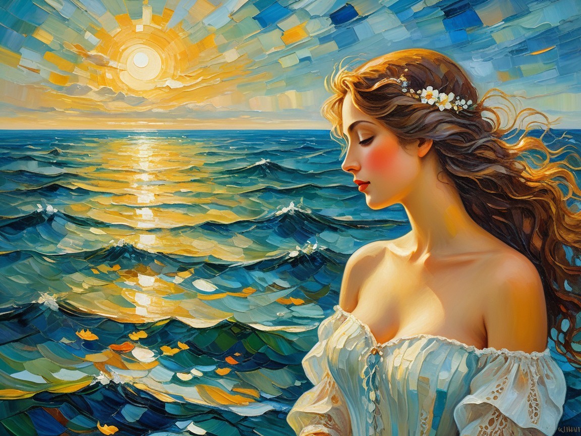Serene Woman by Sunlit Ocean at Water's Edge