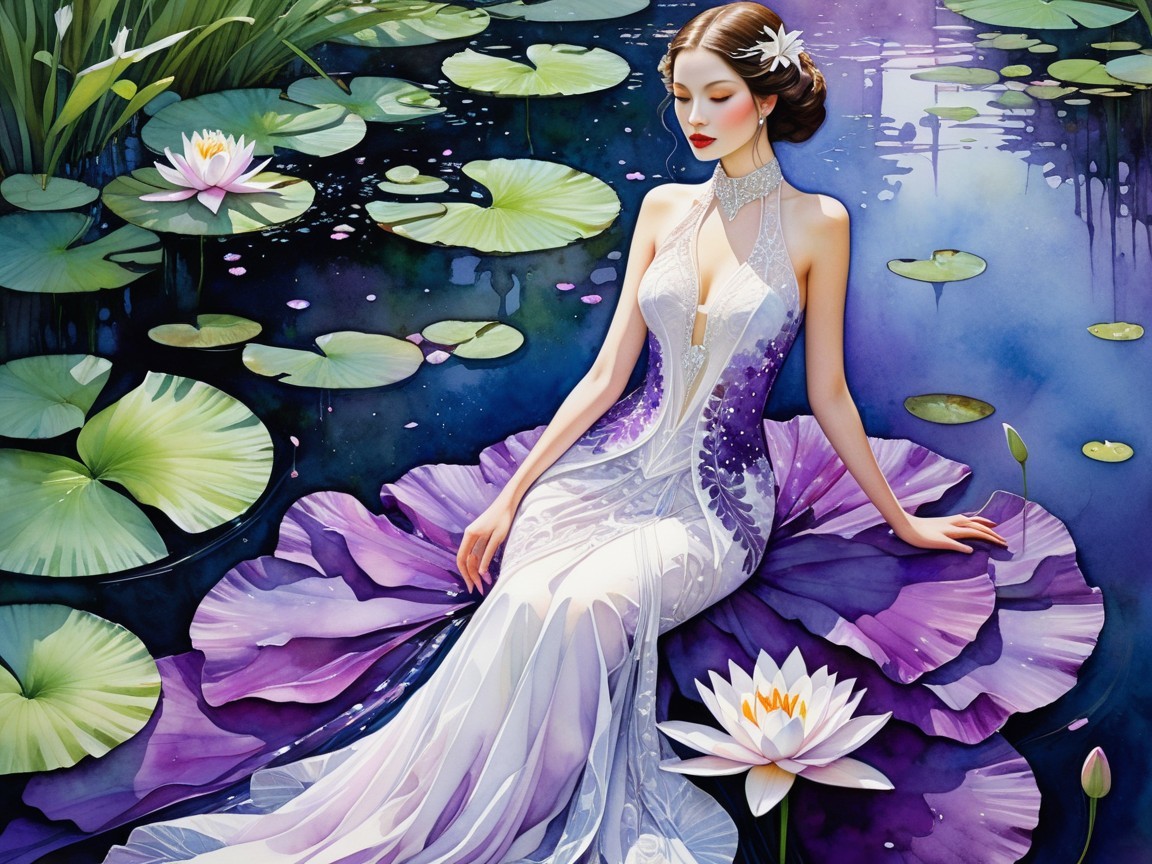 Elegant Woman on Purple Lily Pad in Tranquil Pond