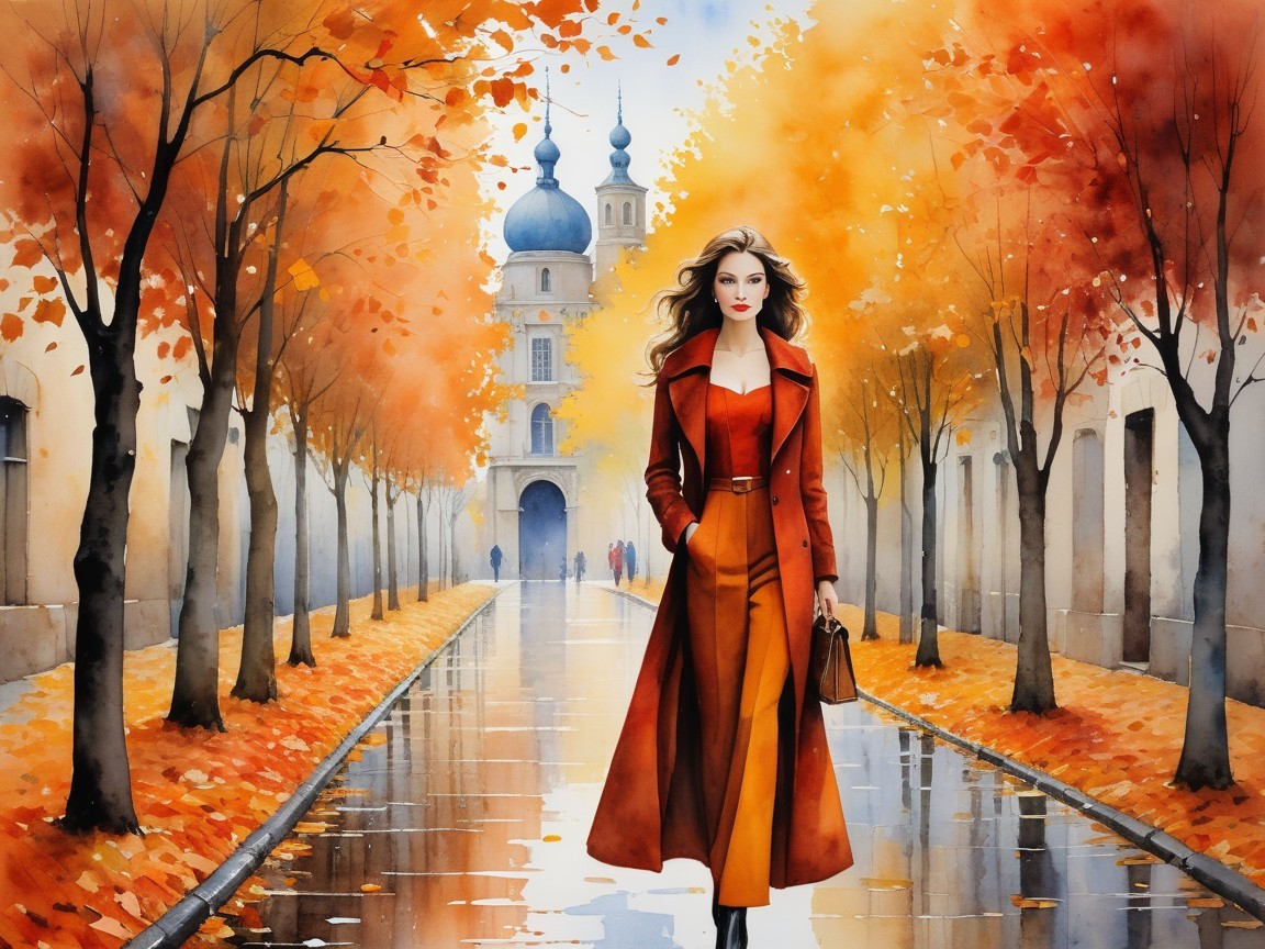 Fashionable Woman in Autumn Cityscape with Foliage