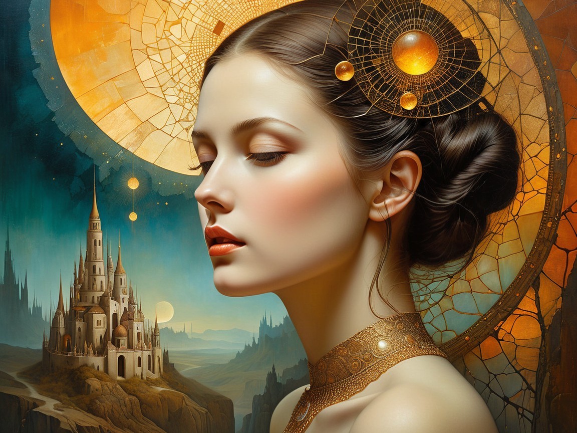 Profile of a Serene Woman with Mystical Castle Background