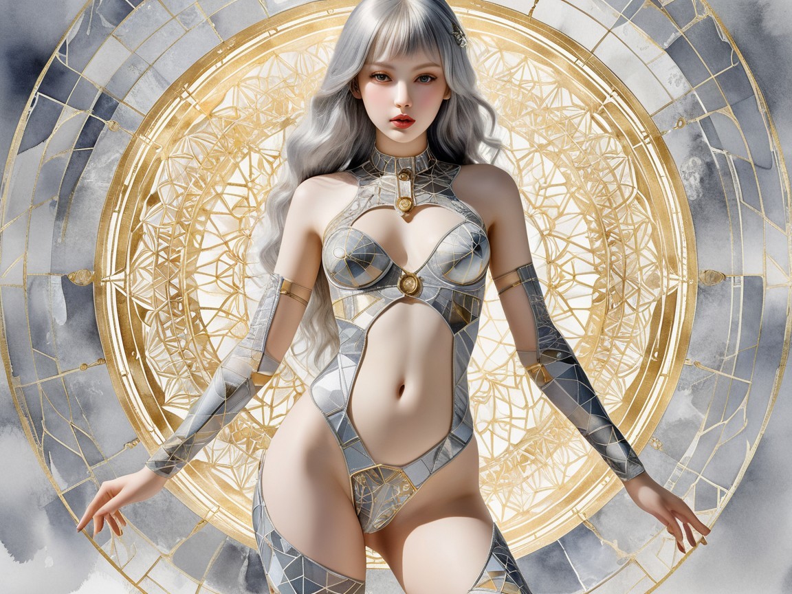 Female figure in geometric bodysuit with silvery hair