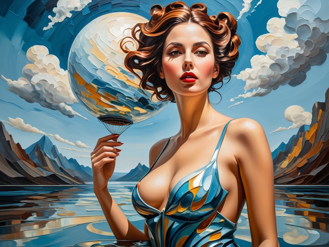 Glamorous Woman with Shimmering Globe in Surreal Landscape