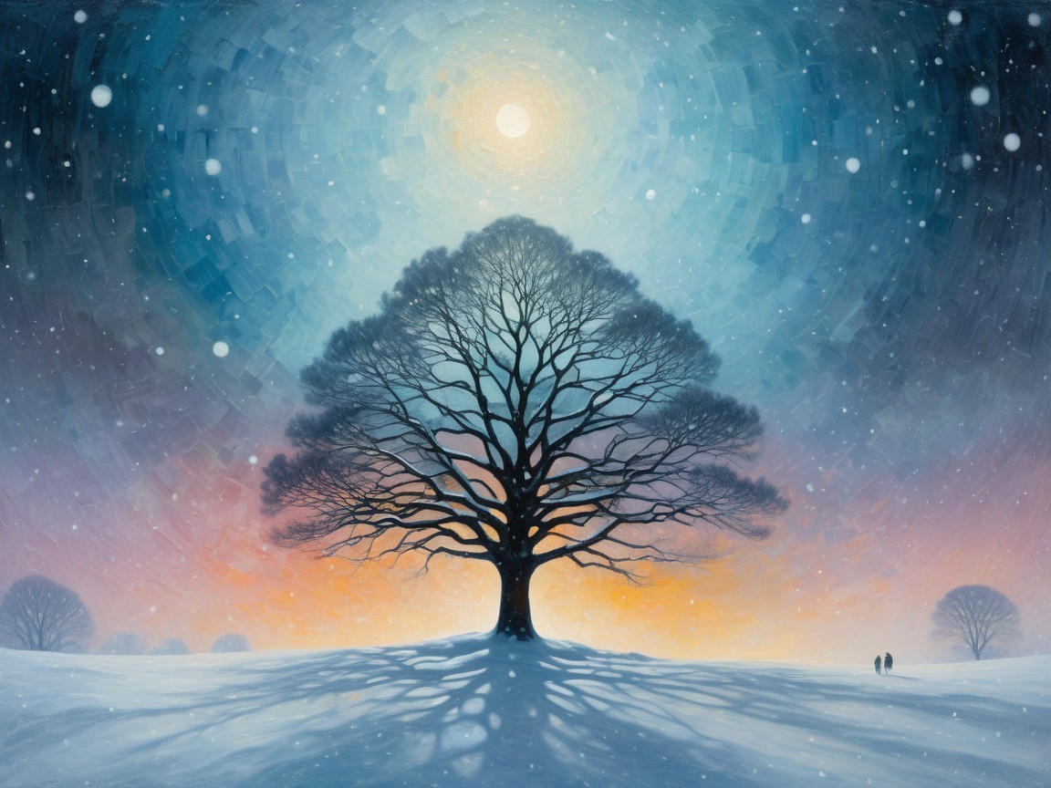 Leafless Tree in Snowy Landscape Under Radiant Sky