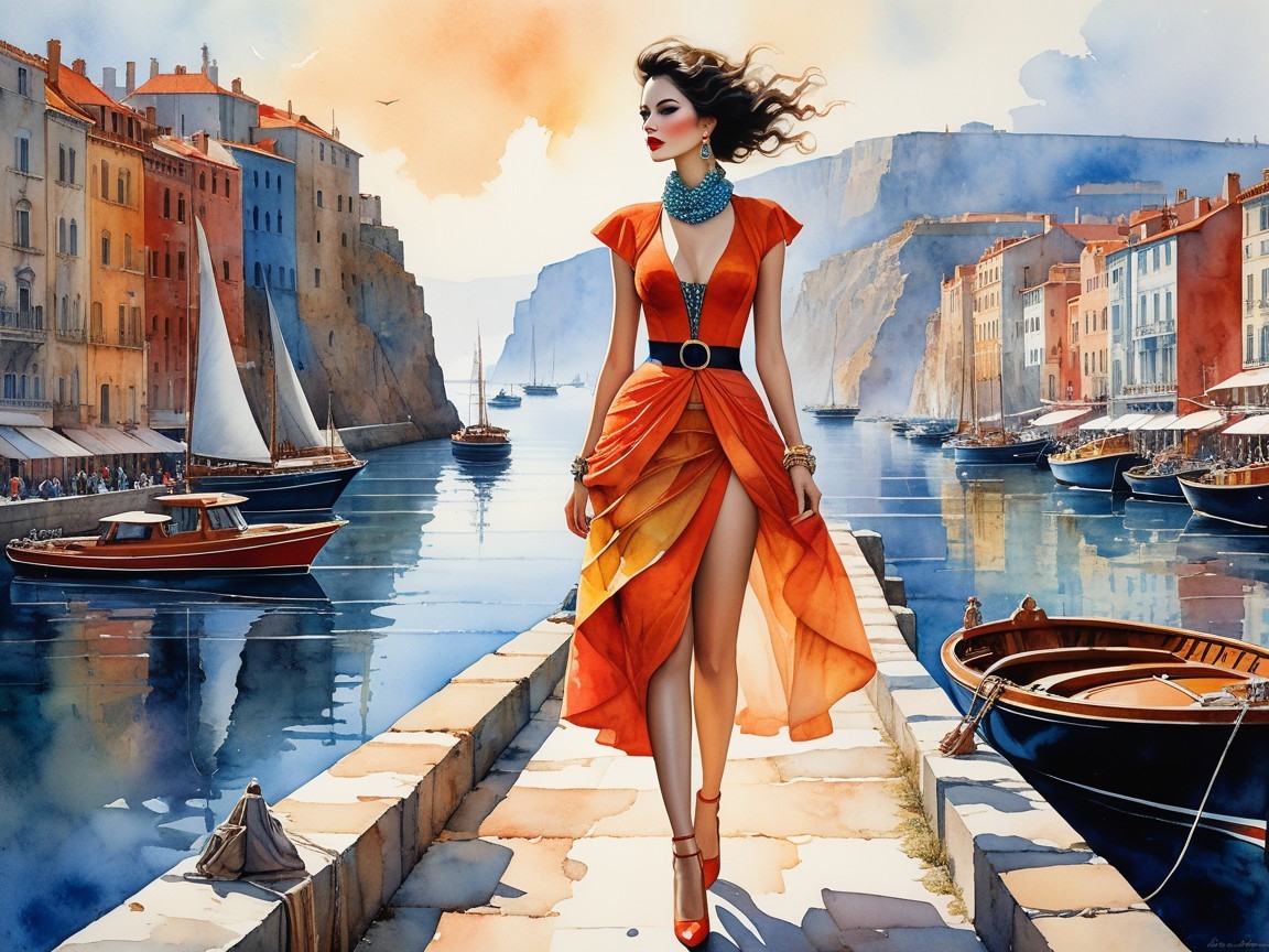 Woman in Orange Dress by Picturesque Waterfront
