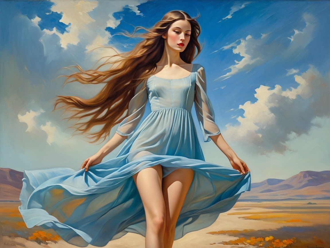 Fantasy Art of Woman in Sheer Blue Dress Against Sky
