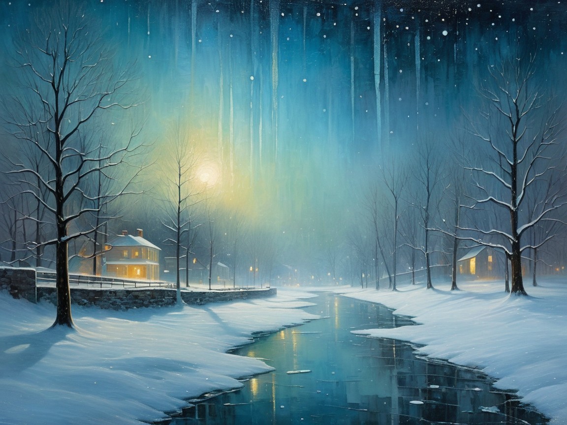 Oil Painting of Sunlit House and Winter Landscape