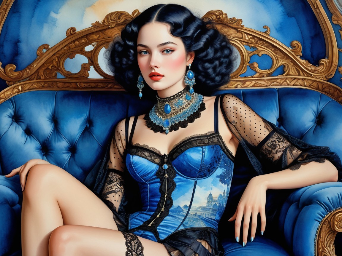 Elegant Woman in Blue Corset on Luxurious Chair