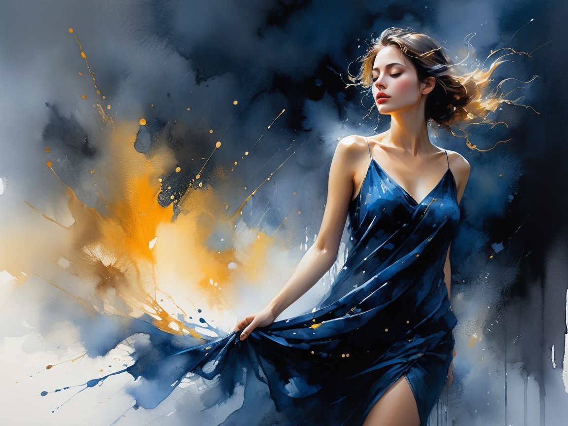Young woman in blue dress against abstract backdrop
