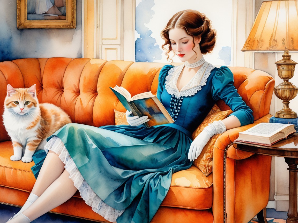 Young woman in teal gown reading on orange sofa
