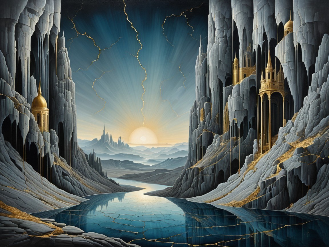Serene landscape with cliffs, river, and sunrise glow