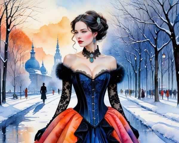 Victorian Gown in Snowy Park with Colorful Sky