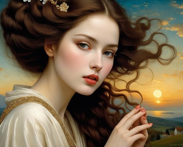 Young woman with floral accents and sunset backdrop
