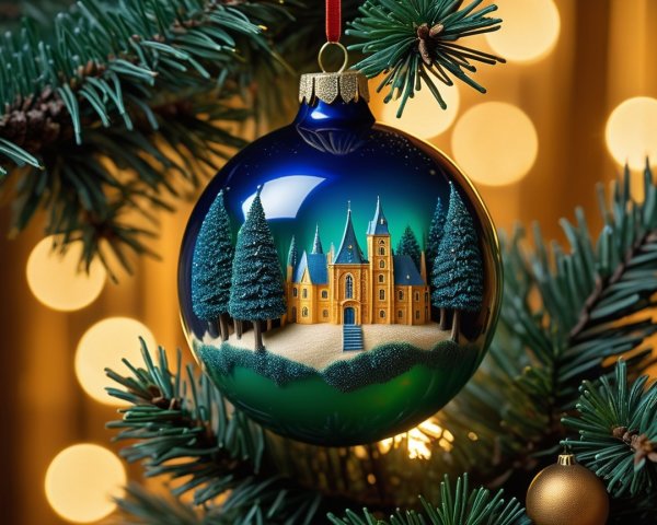 Close-up of a Christmas Ornament with Castle Design