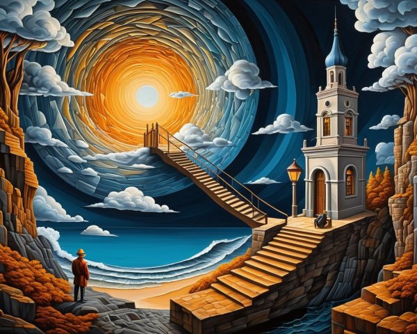 Surreal Landscape with Staircase and Ocean View