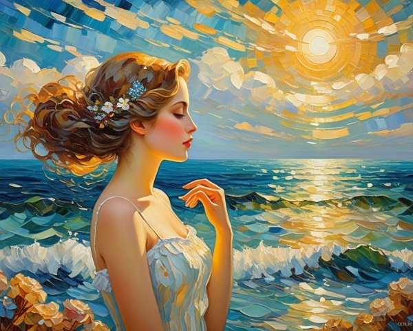 Serene Woman by Ocean with Flowers and Sunset Colors