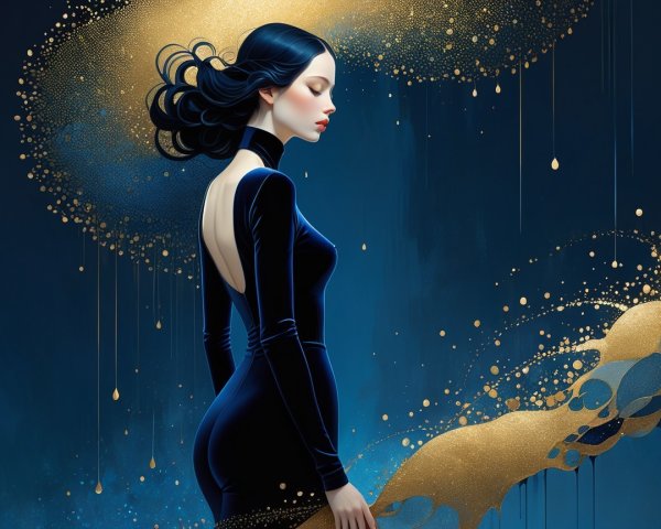 Stylized Woman in Deep Blue Gown Against Dark Background