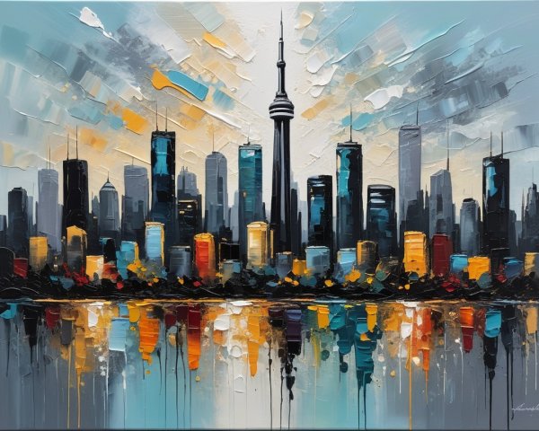 Abstract City Skyline Painting at Dusk