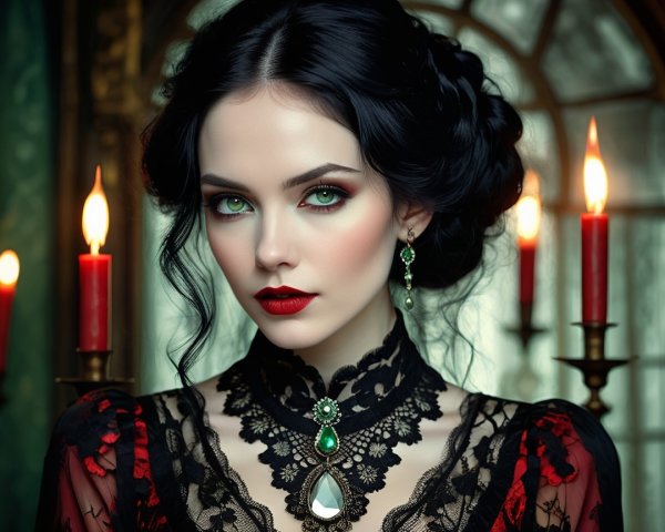 Portrait of a woman with pale skin and green eyes