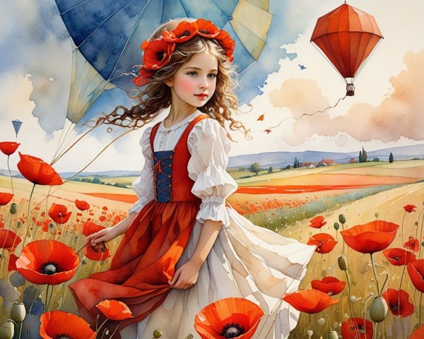 Young girl in white dress among vibrant poppy field