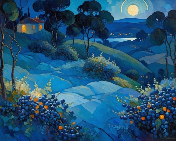 Moonlit Landscape with Hills, Lake, and Cottage