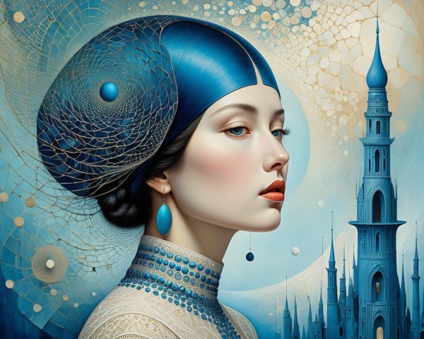 Serene Woman with Blue Headpiece and Dreamy Background