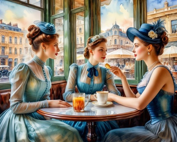Elegant Vintage Café Scene with Women in Pastels