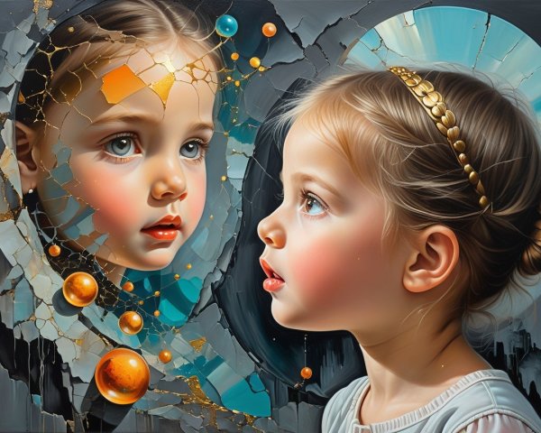 Young girl reflects in shattered mirror with vibrant orbs
