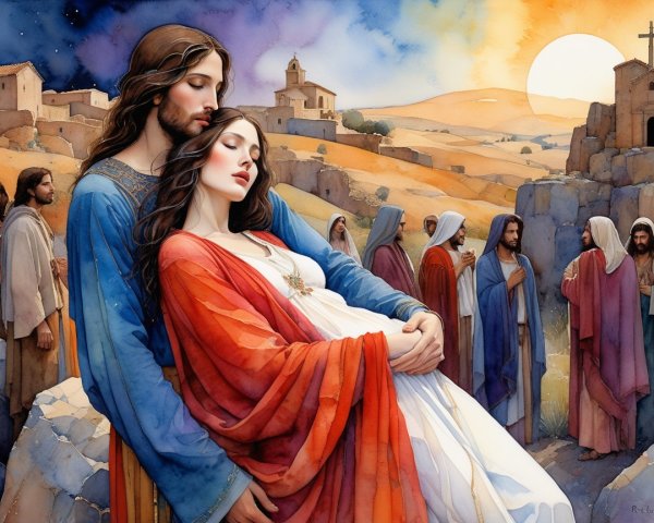 Tender Embrace in a Colorful Landscape at Sunset