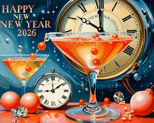 New Year 2026 Greeting Card with Clocks and Cocktails