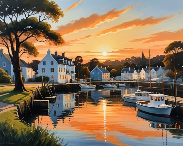 Serene Waterfront Sunset with Charming Houses and Boats