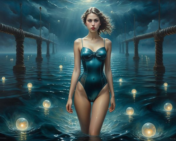 Young Woman in Teal Swimsuit Wading Through Water