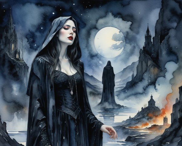 Mysterious Cloaked Figure in Ethereal Landscape