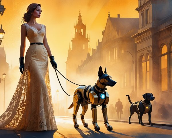 Stylish Woman in Lace Gown with Dogs at Sunset